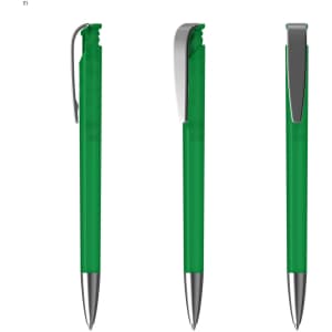 A green plastic pen with a silver clip, featuring a sleek and modern design.