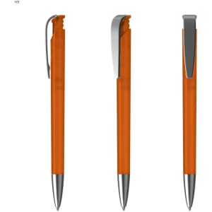 An orange plastic pen with a silver clip, displayed from three angles. It features a sleek design and a shiny finish.