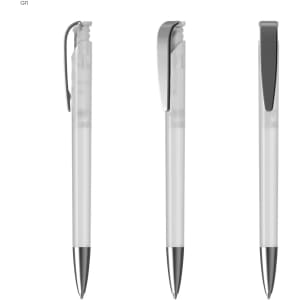 A plastic pen in transparent with silver detailing, featuring a clip for attachment.