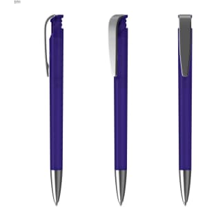 A plastic pen in purple with a silver clip, displayed from three angles. It has a simple design and a shiny finish.