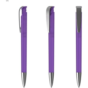 A purple plastic pen with a silver clip, displayed from three angles. The pen features a sleek design and has a logo.