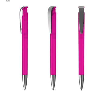 A set of three pink plastic pens with silver accents and clips, showcasing their sleek design.