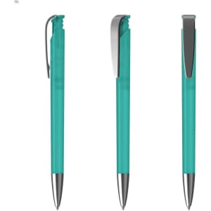 A teal plastic pen with a silver clip, showcasing three different angles of the product.