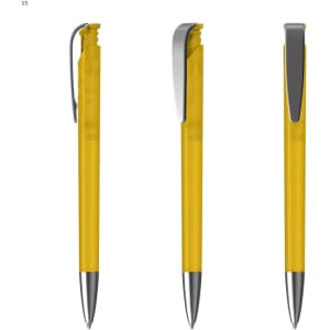 A plastic pen in bright yellow with a silver clip and a smooth finish, featuring a logo.