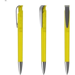 A set of bright yellow plastic pens with silver accents, featuring a clip and a sleek design.