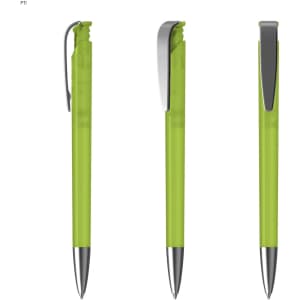 A vibrant green plastic pen with a chrome clip, showcased from three angles. Features smooth design and shiny tip.