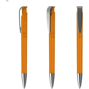 An orange plastic pen with a silver clip, displayed from three angles. Features a smooth design and shiny finish.