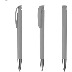 A grey plastic pen with a soft grip and a metallic tip, featuring a clip and a branded logo.