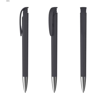 A set of three black plastic pens with soft grips and silver accents, featuring a logo on each.