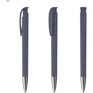 A set of three grey plastic pens with soft grips and metal tips, featuring a logo on each pen.