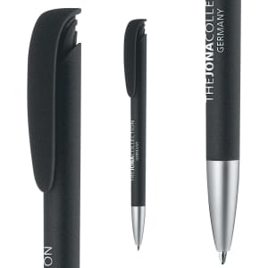 A black plastic pen with a soft grip, featuring a silver tip and a logo on the barrel.