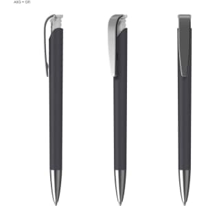A black plastic pen with a soft grip and metallic accents, featuring a clip and a sleek design, shown from multiple angles.