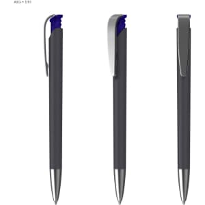 A plastic pen with a soft grip, featuring a dark grey body and blue and silver accents, along with a clip.
