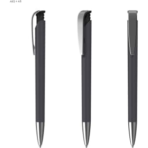 A sleek black plastic pen with a soft grip and silver accents, featuring a clip and a polished tip.