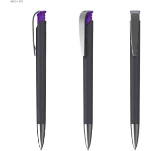 A black plastic pen with a purple grip and silver clip, featuring a sleek design and a logo.