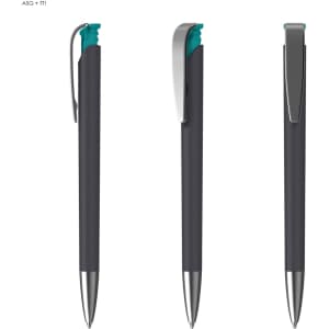A collection of three plastic pens, featuring a soft grip in grey and turquoise, with a silver clip and accents.