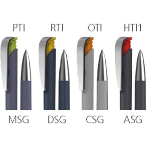 A collection of plastic pens in various colours, featuring soft grips and metallic tips, with branding on each pen.