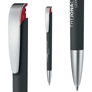 A black and silver plastic pen with a soft grip and a silver clip, featuring a branding logo.
