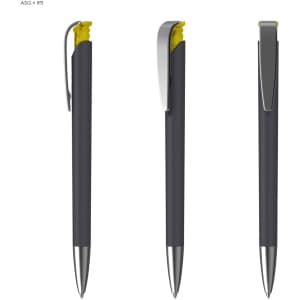 A black and yellow pen with a soft grip and a clip feature, showcasing different angles and a sleek design.
