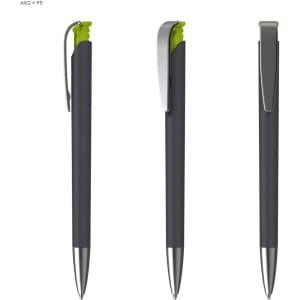 A metal pen with a soft grip, featuring a grey body and bright green accents. It has a clip and silver trim.