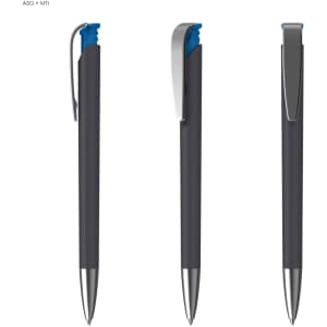 A sleek black plastic pen with a blue grip and silver accents, featuring a clip and smooth design.