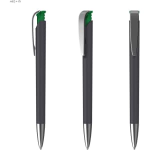 A plastic pen with a soft grip, featuring a grey barrel and green accents, along with a silver clip.