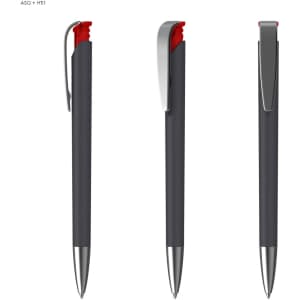 A black and red plastic pen with a soft grip, featuring a silver clip and tip, along with a logo.