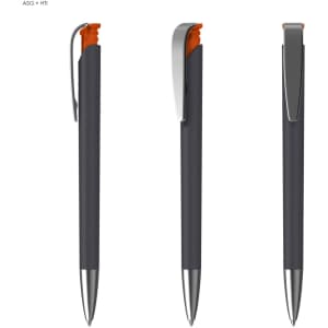 A sleek black plastic pen with an orange grip and a shiny silver clip, featuring a logo on the side.