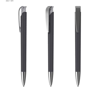 A set of three plastic pens featuring a soft grip in black with silver accents and a metallic clip.