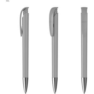 A trio of metallic grey plastic pens with sleek designs, each featuring a clip and a shiny silver tip.