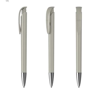 A metallic pen in light grey with a silver tip and a clip, featuring a sleek design and a branding logo.
