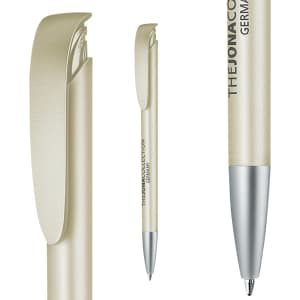 A metallic pen in a gold finish with a sleek design and a silver tip, featuring a logo on the body.
