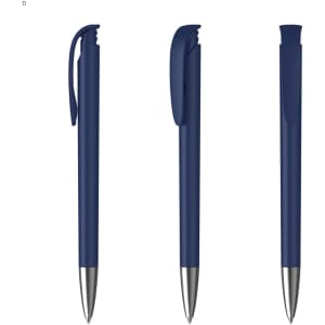 A set of blue plastic pens with silver accents and clips, featuring different angles and positions.