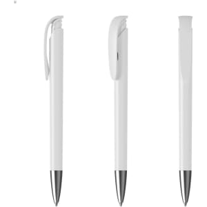 A plastic pen in white with a silver tip and clip, featuring a minimalistic design.