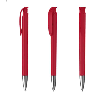 A red plastic pen with a sleek design, featuring a clip and a shiny silver tip. The pen has a branding logo.