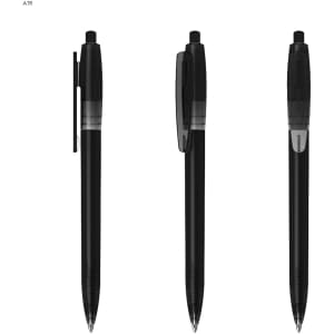 A set of three black plastic pens with a clip and push-button mechanism, featuring a transparent grip section.