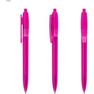 A set of three pink plastic pens with a translucent design and clip. Each pen features a clear body to view ink levels.
