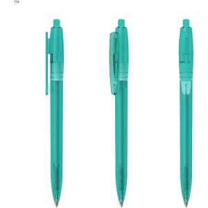 A set of three transparent teal plastic pens with clip and grip sections, featuring a logo on the side.
