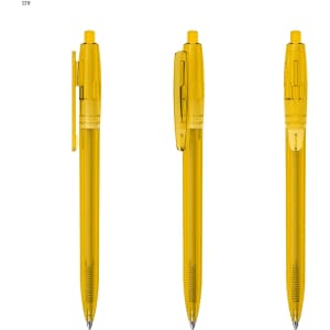 A set of three transparent plastic pens in vibrant yellow, featuring a clip and a push-button mechanism.