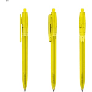 A set of three transparent yellow plastic pens, featuring a clip and a ballpoint tip. Each pen has a slightly different angle.