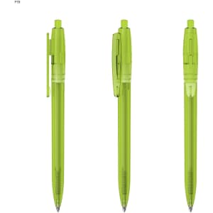 Three transparent green plastic pens displayed from different angles, each with a clip and grip for easy handling.