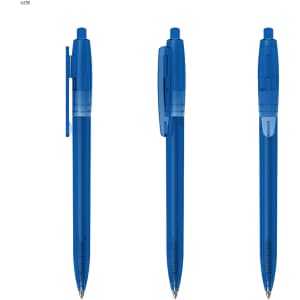 A blue plastic pen featuring a transparent barrel and a clip, displayed from multiple angles. It has a logo on the side.
