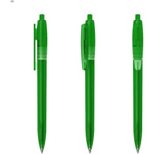 A collection of transparent green plastic pens with distinct designs, featuring clips and retractable tips.