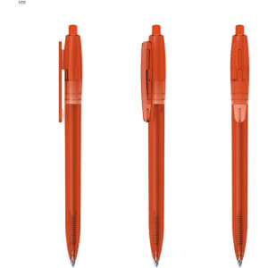 An orange plastic pen featuring a clear barrel and click mechanism, presented from three angles with a logo.