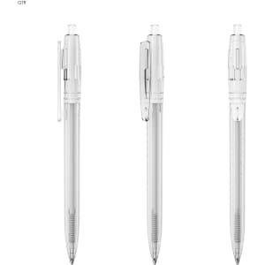 A set of three transparent plastic pens with clear barrels and black ink refills. Each pen features a clip and plunger mechanism.