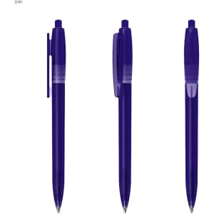 A blue transparent plastic pen with a clip, featuring a smooth barrel and a visible ink refill.