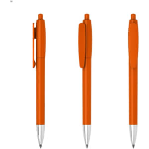 An orange plastic pen featuring a clip and a silver tip, presented from three different angles.