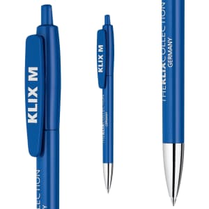A blue plastic pen with a silver tip and a clip, featuring a logo.