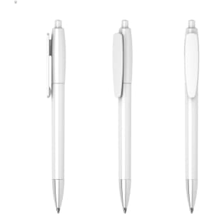 A set of white plastic pens featuring a sleek design and silver accents, displaying various angles.