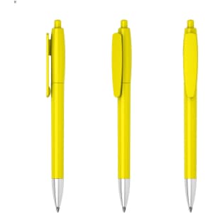 A yellow plastic pen featuring a silver tip and clip, shown from three different angles.